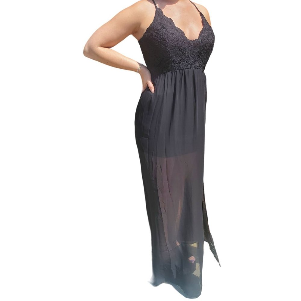 Black Crochet Lace Maxi Dress Open Back Spaghetti Straps Sz M